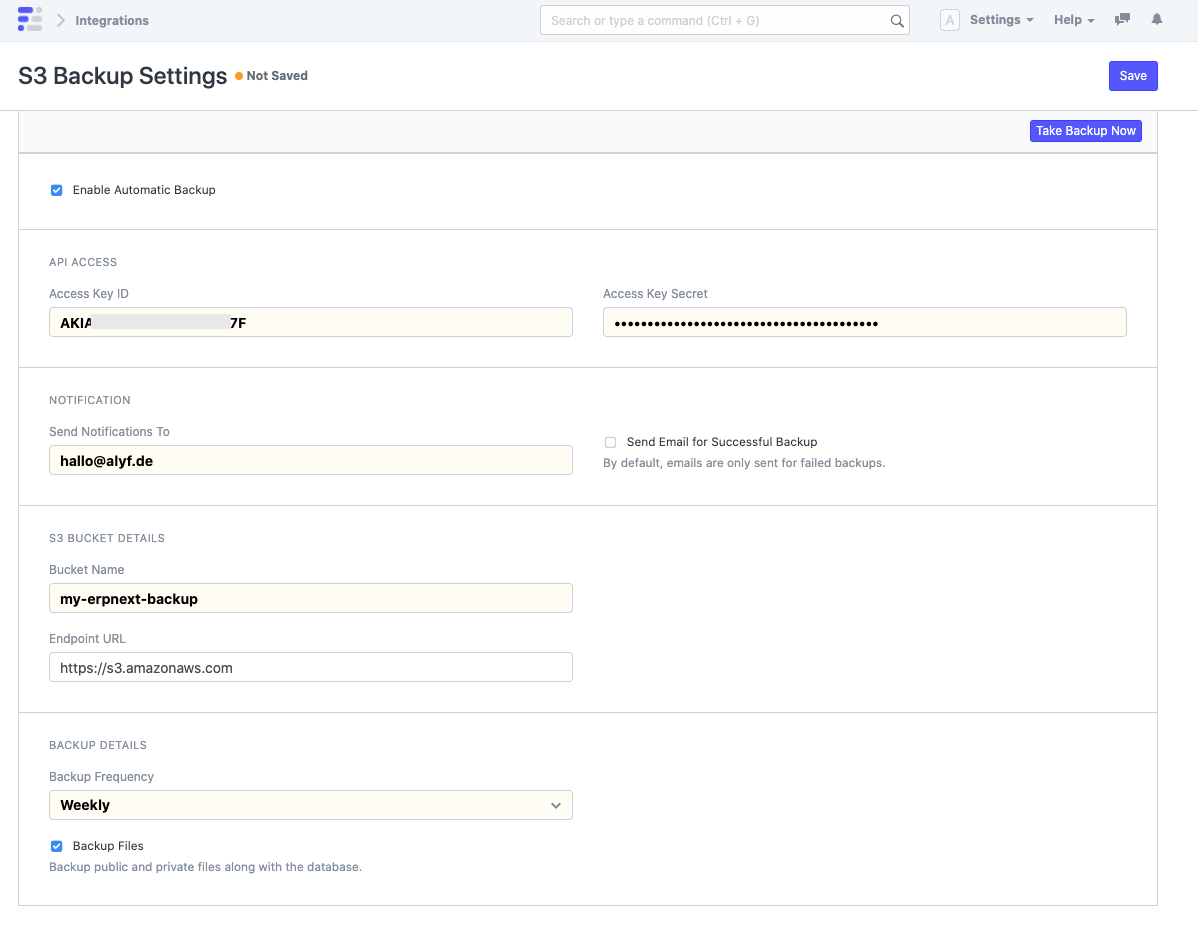 S3 Backup Settings in Qriib ERP