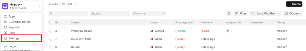 settings dropdown