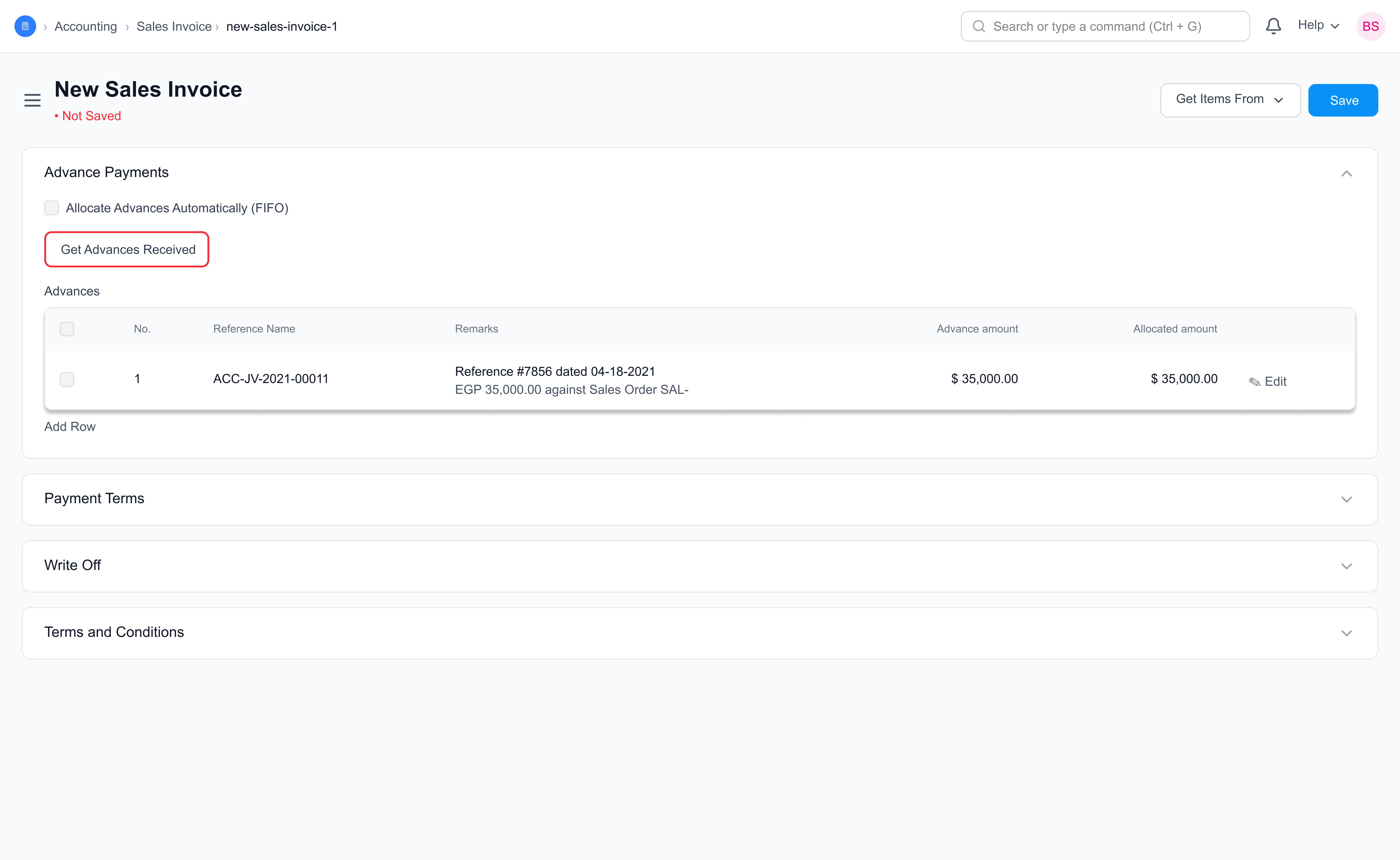 Fetch Advance Payments in Sales Invoice